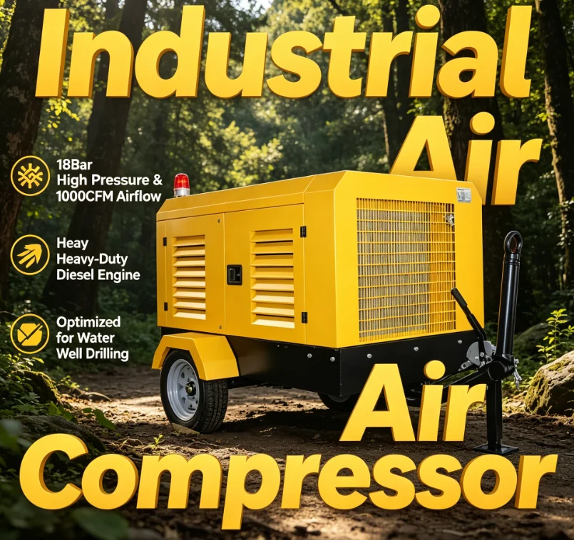 Customized Water Well Drilling Use Machine 185CFM Compressor 7BAR 102PSI Portable Screw Air Compressor Two Wheels With Diesel En