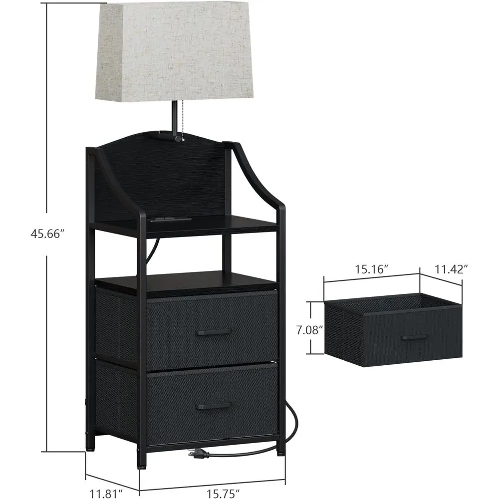 منضدة محطة شحن سوداء مع أدراج قماشية ومنفذ USB ومنافذ لغرفة النوم أو النوم
