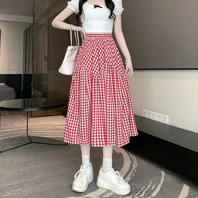 2025 New Spring Summer Women Elastic High Waist Slim Long Skirt High Quality Elegant Big Hem Retro Plaid Skirt 3 Colors