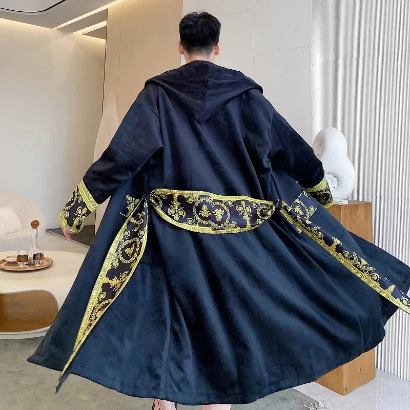 LUZHEN 2024 New Trendy Luxury Elegant Loose Long Hooded Cardigan Coat Men\'s Stylish Velvet Nightgown Robes Belted Clothes 962e93