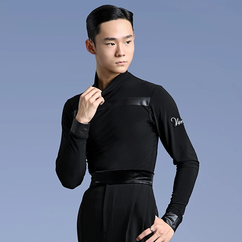 Vêtements d'entraînement de danse latine pour hommes, manches longues, col haut, vêtements de pratique de la rumba, vêtements de danse noirs pour garçons, VDL2187