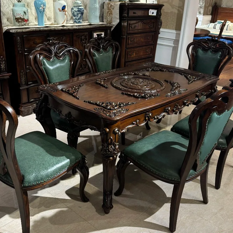 American walnut solid wood carving flower rectangular dining table and chair combination 1.6 meters rectangular 6 people eating