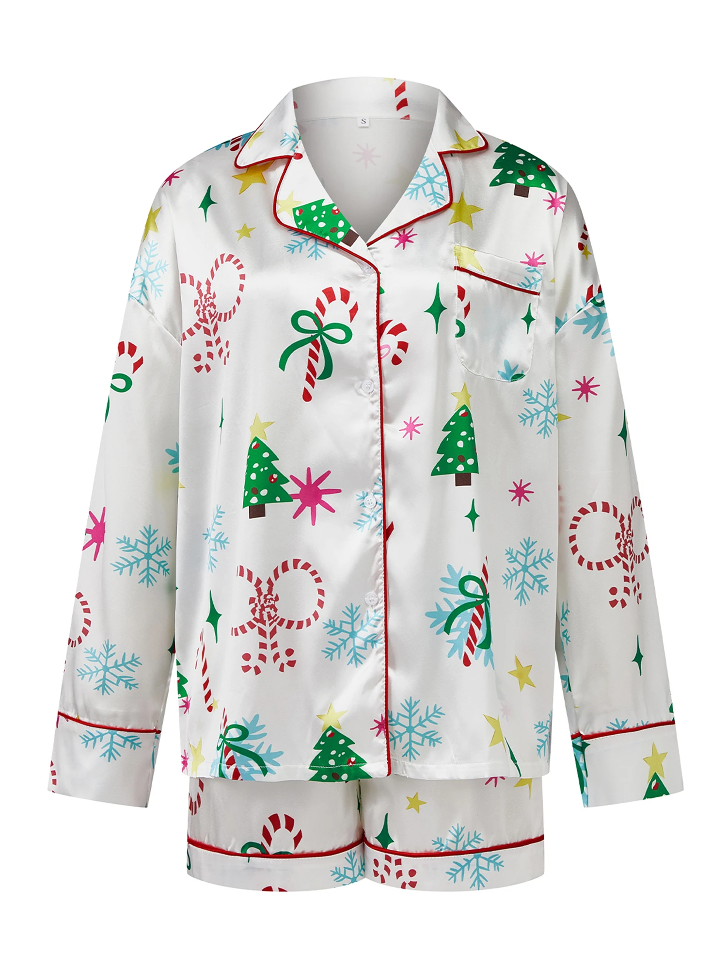 Conjunto de pijama festivo de Navidad para mujer con solapa de manga larga, camisa y pantalones cortos con estampado de Papá Noel y árbol de Navidad, ropa de dormir para
