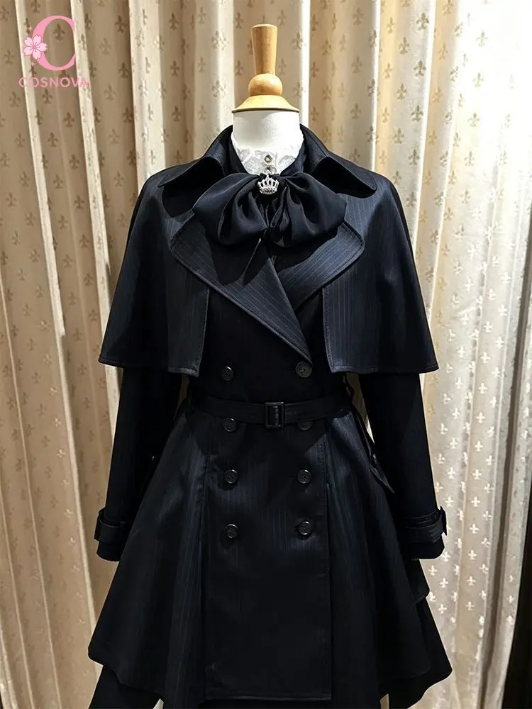 Gothic British Vintage Lolita Dress Women Cape Cloak Bow Tie Double Breasted Lace Collar Belted Waist Slim Fit Long Dress Elegan