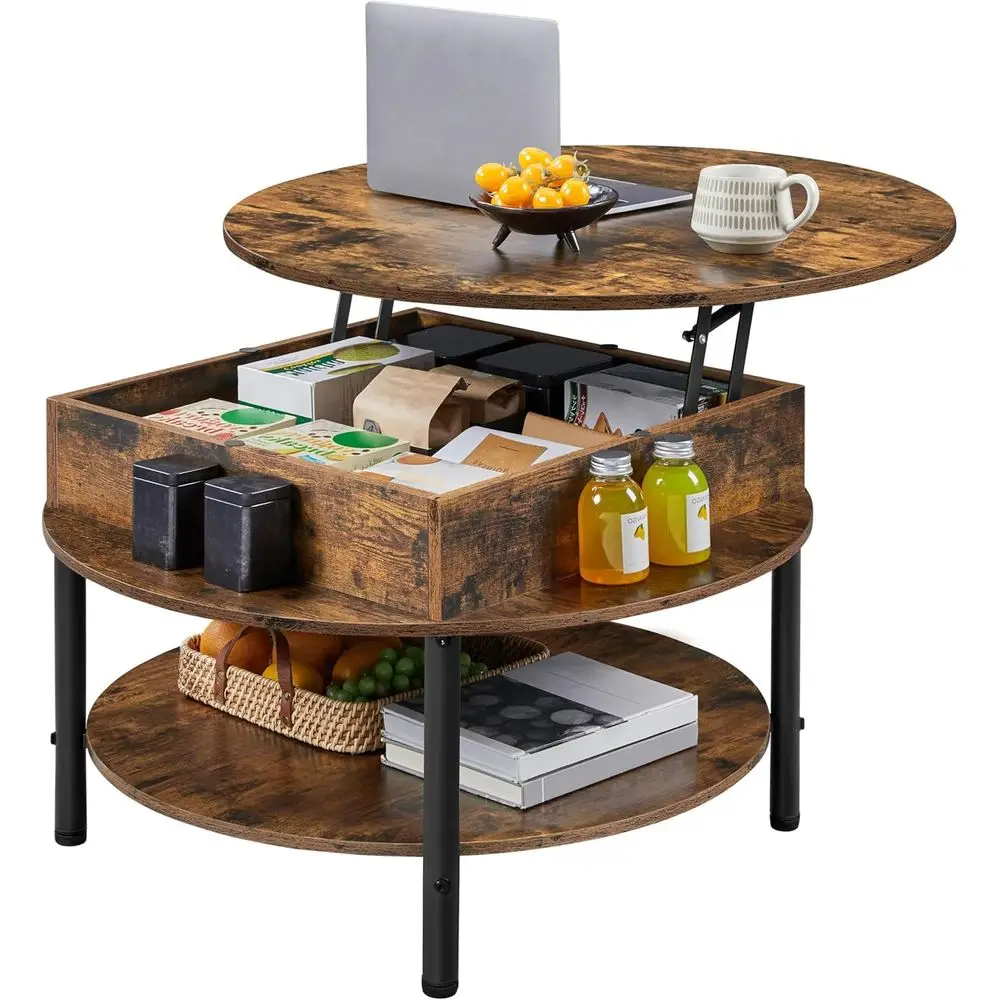 طاولة قهوة على طراز المزرعة 31 باللون البني الريفي مع سطح رفع ورف تخزين