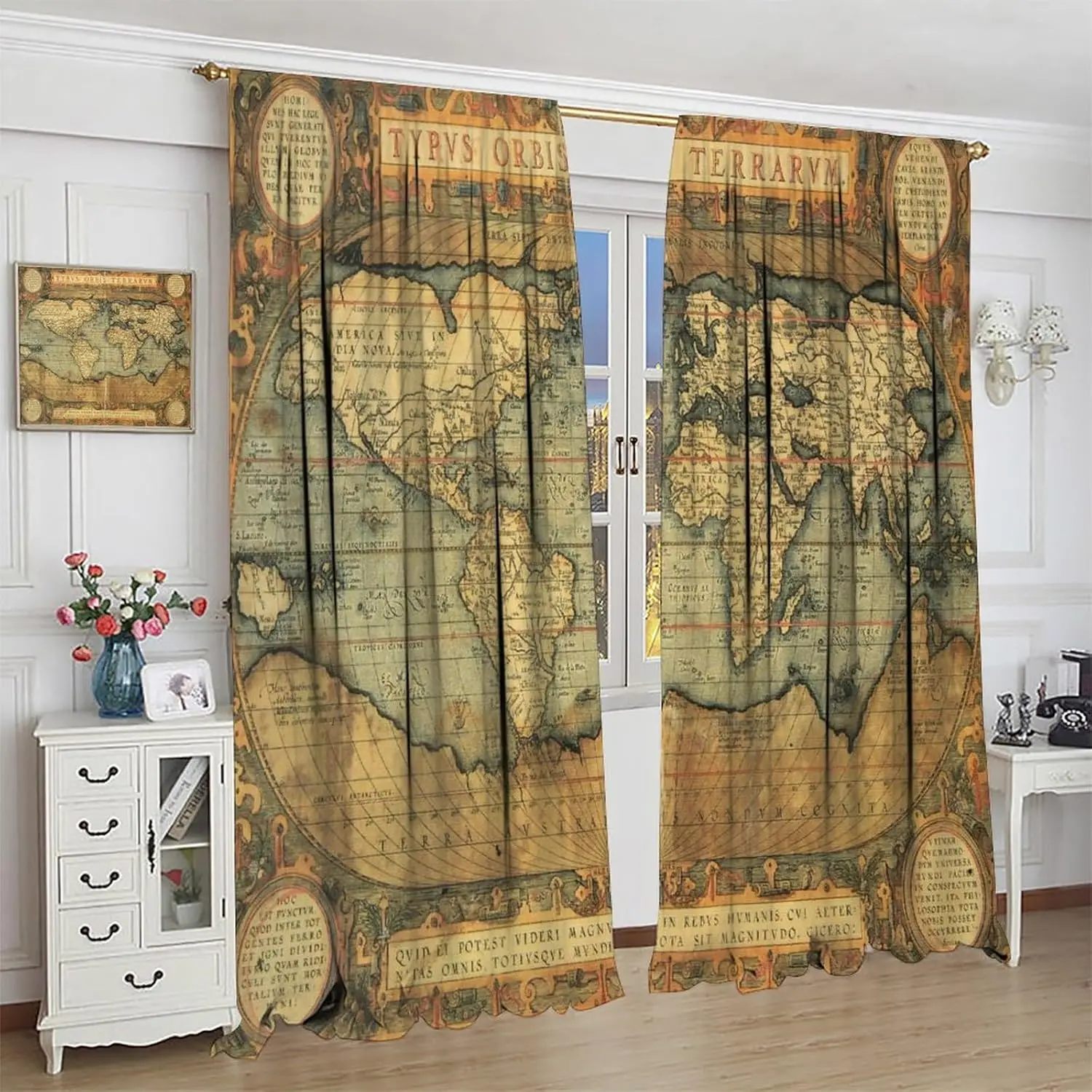 

Vintage World Map Curtains,Retro Mid Century Nostalgic Style Old World Map Print Curtains for Bedroom Living Room Kitchen Café
