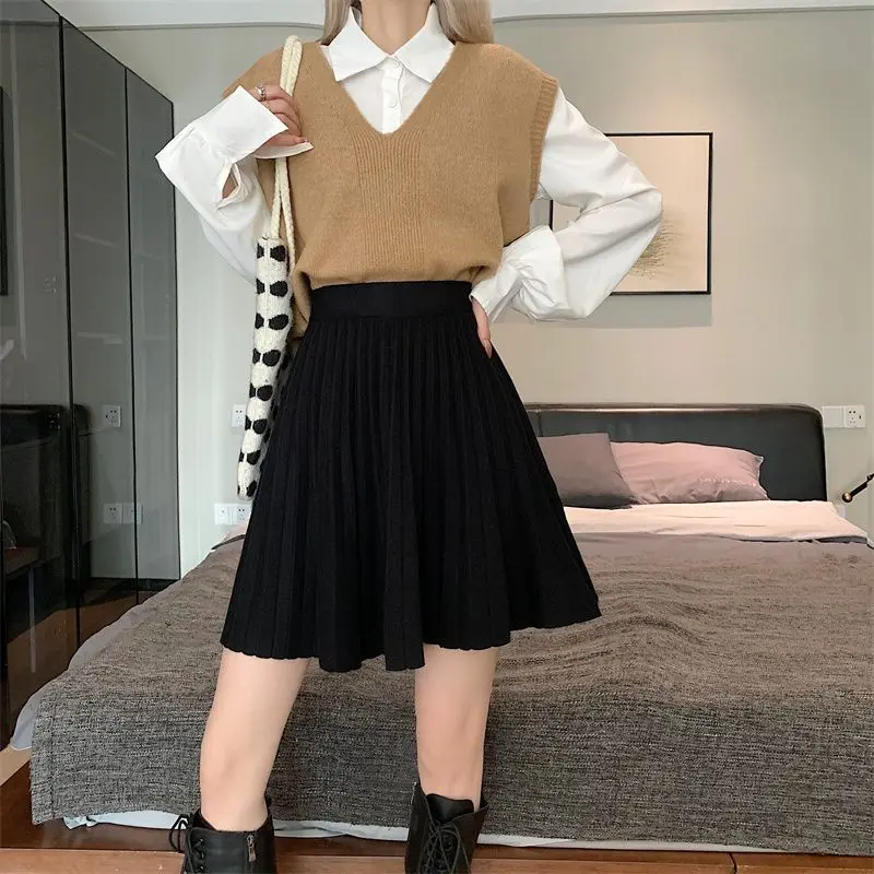 Female Casual Korean Pleated Solid Color Elastic Waist Pleated Skirt Autumn Winter Women Clothing Sweet Elasticity New Skirts