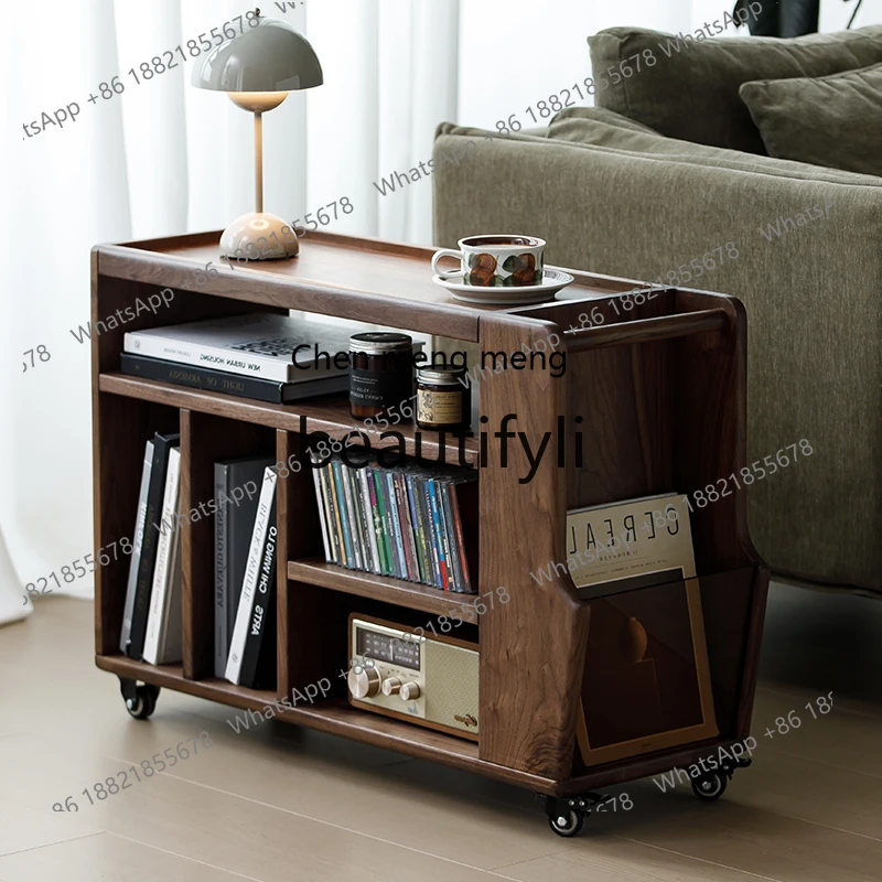 

178Nordic all solid wood North American black walnut sofa side cabinet mobile bedside trolley