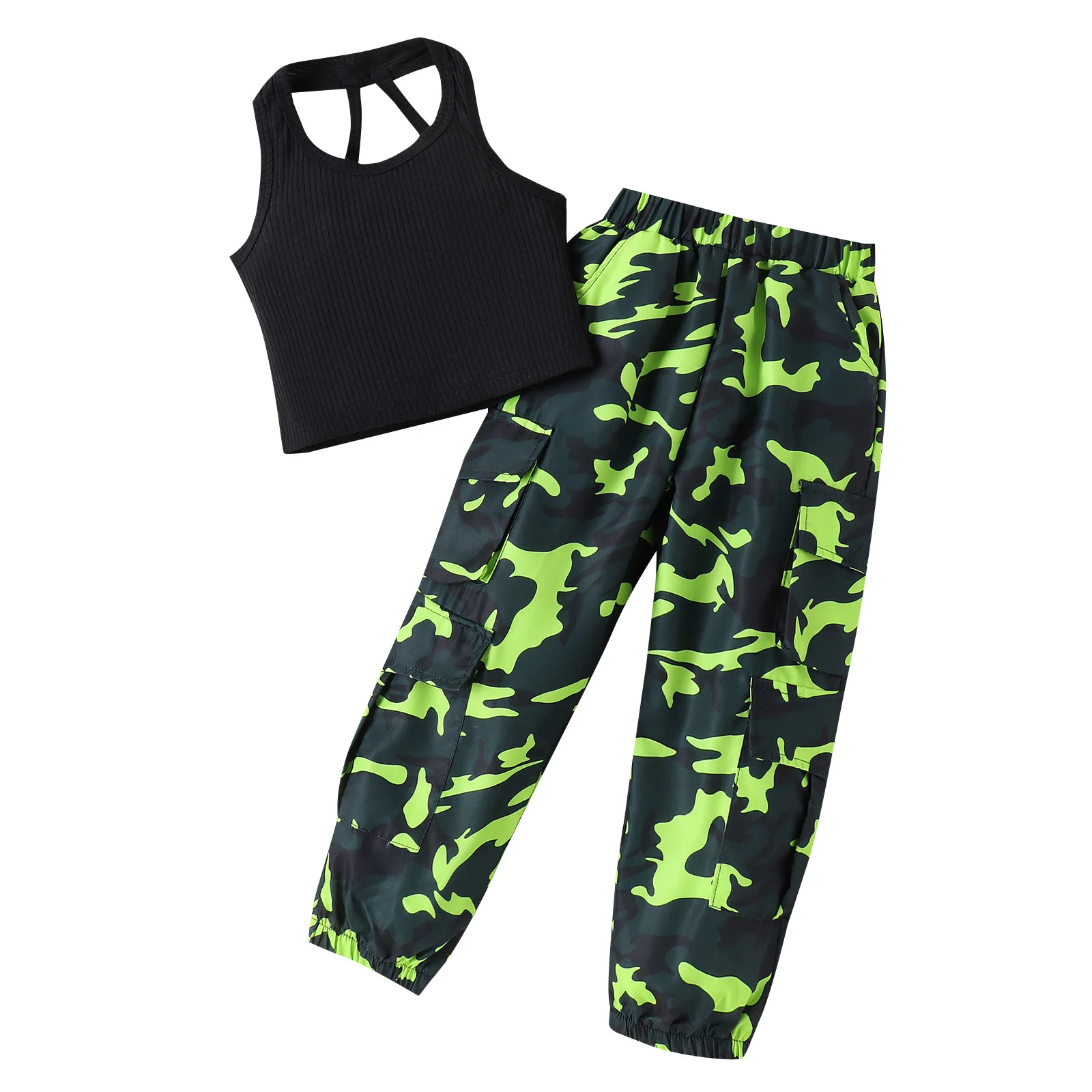 Summer Toddler Girls Camouflage Cargo Pants Set Ribbed Halter Neck Sleeveless Top with Backless Design for 4-7Y