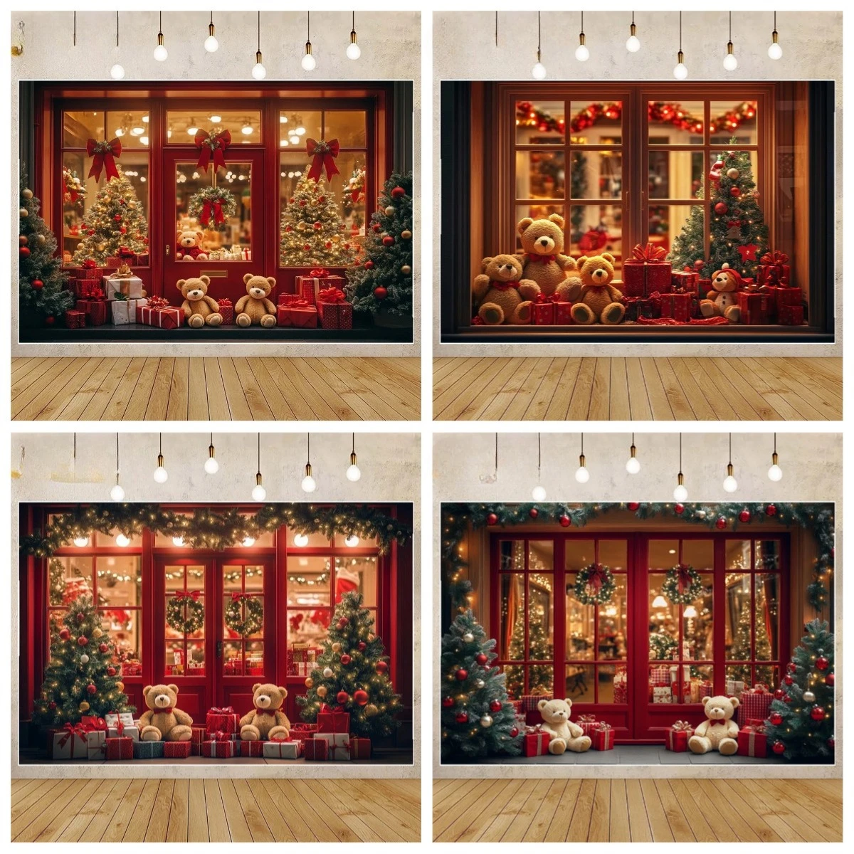 

Winter Photography Background Christmas Birthday Party Warm Bear Christmas Wreath Holiday Portrait Photo Background