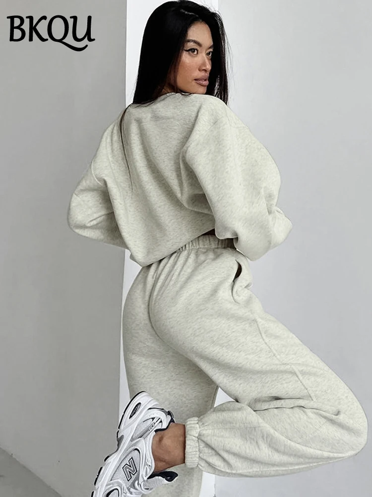 BKQU Winter Fleece Pants Two Piece Set Women Solid Color Long Sleeve Sweatshirts+High Waist Sweatpants Matching Casual Tracksuit