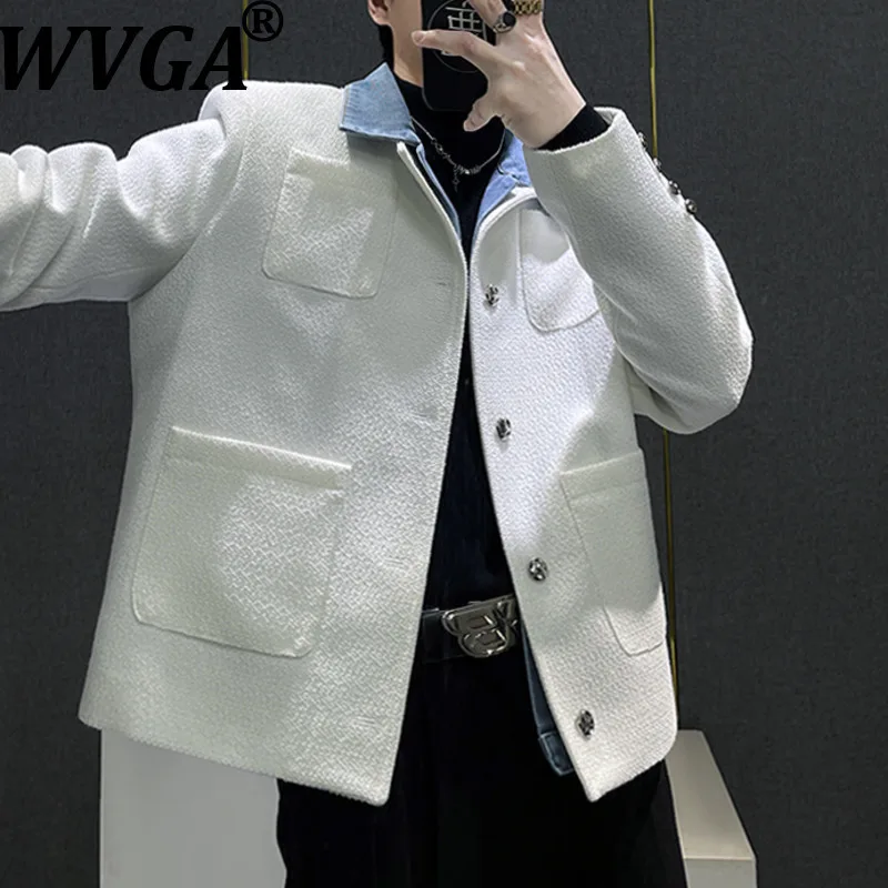 

WVGA Spring Autumn New Man Jacket Patchwork Denim Fake Two Pieces Single Breasted Multi-pocket Padded Shoulder Short Coat W13220