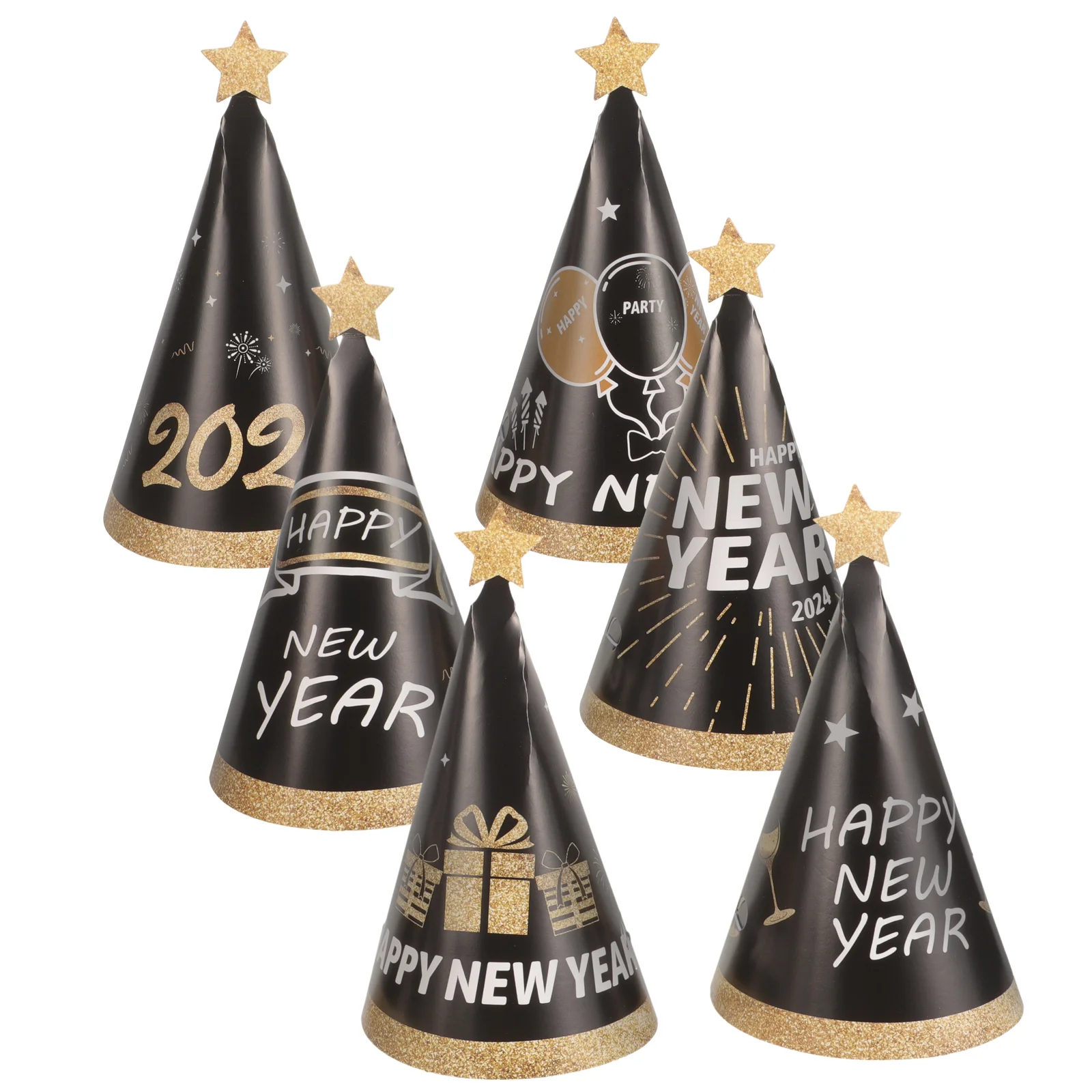 6 Pcs 2024 Happy New Year Themed Paper Hat Adult Party Hats Cone Decorate Light and Compact Lightweight