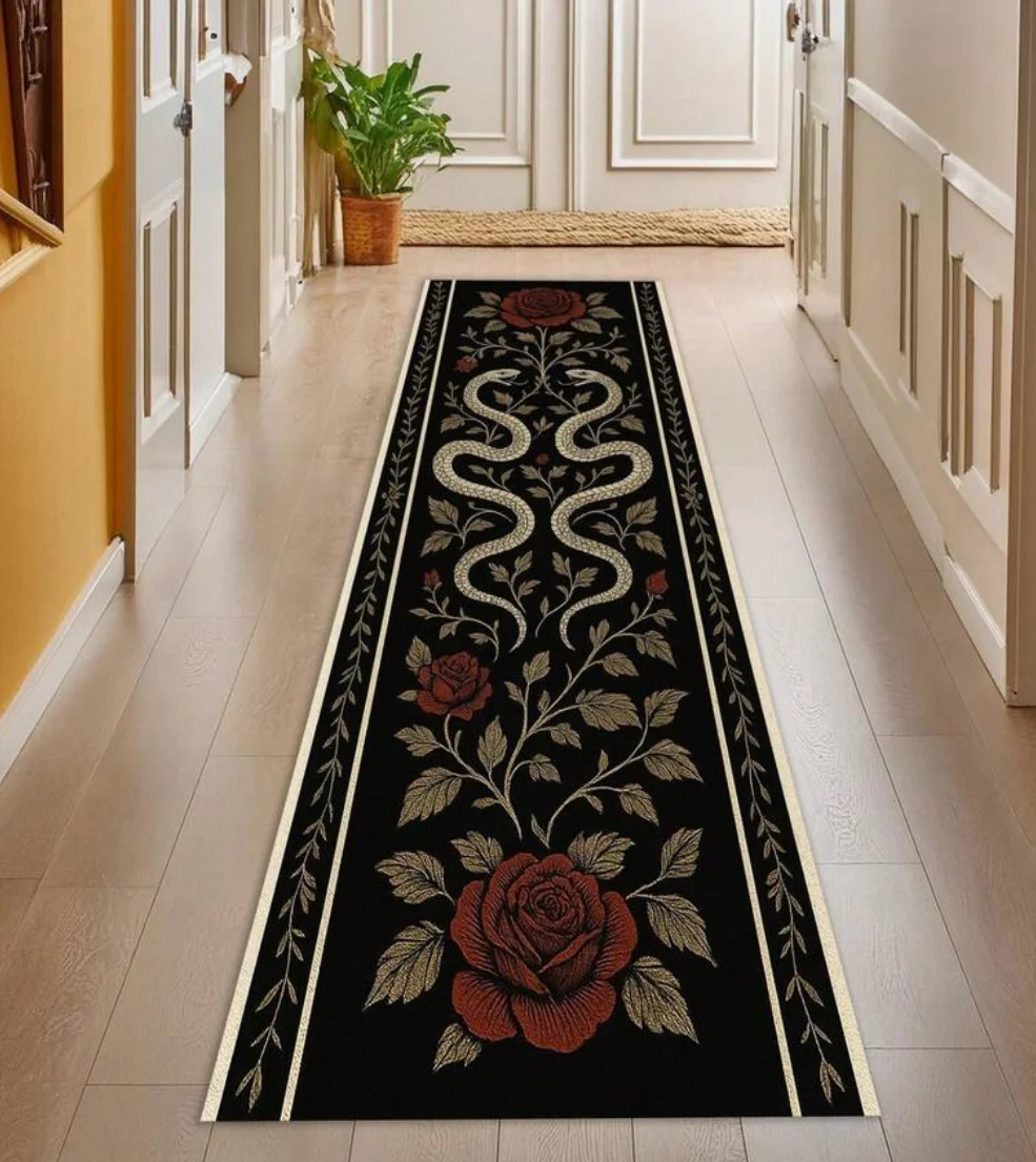 Floral Pattern Long Runner Rug Rose Poppy Snake Vintage Style Mat Non Slip Durable for Hallway Kitchen Living Room Home Decor