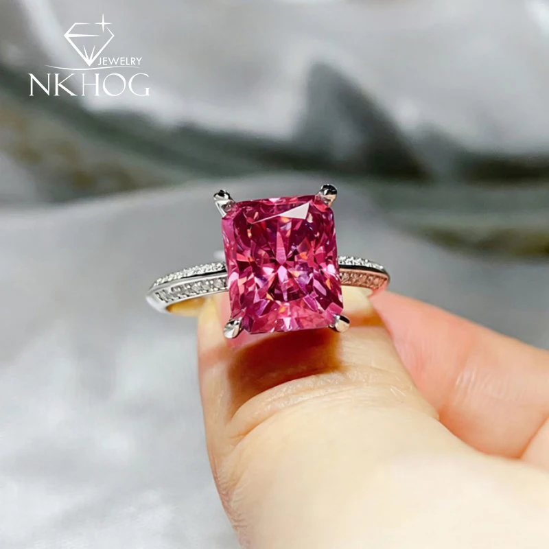 

NKHOG 5CT Green/Red/Pink Moissanite Rings For Women S925 Silver Luxury Radiant Cut Lab Diamond Wedding Band Fine Jewelry Gifts