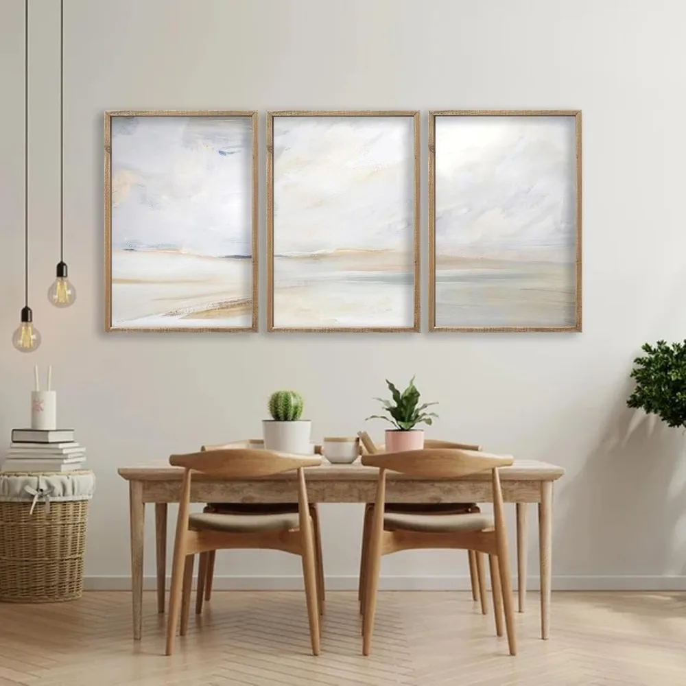 Ensemble de 3 impressions de plage abstraites grises, décor d'art mural, 24 "x 16", cadre en bois, nature sauvage, paysage, signe pour chambre minimaliste