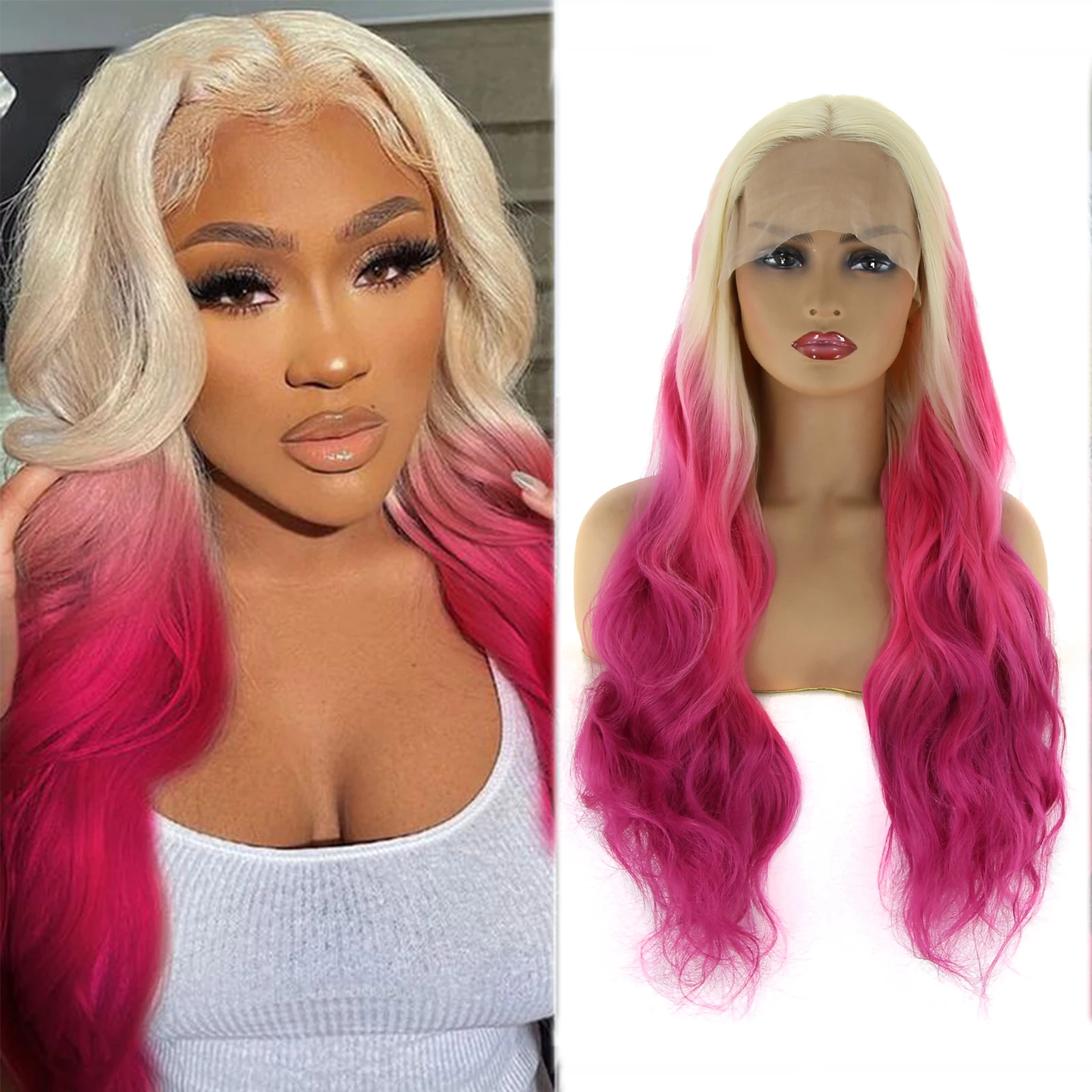 Thiswig Blonde Ombre Pink Synthetic Lace Front Wig for Black Women Middle Parting Long Wavy Heat Resistant Fiber Cosplay Wigs