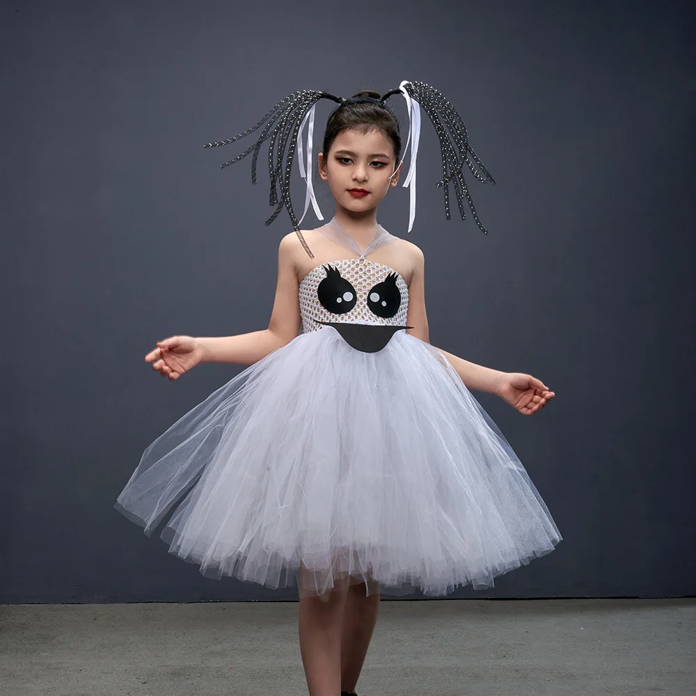 Halloween Fluffy White Mesh Tutu Dress Sheer Theeper Tulle Flared Outfit for Holiday Gathering Stage Show Delicate Party Attire