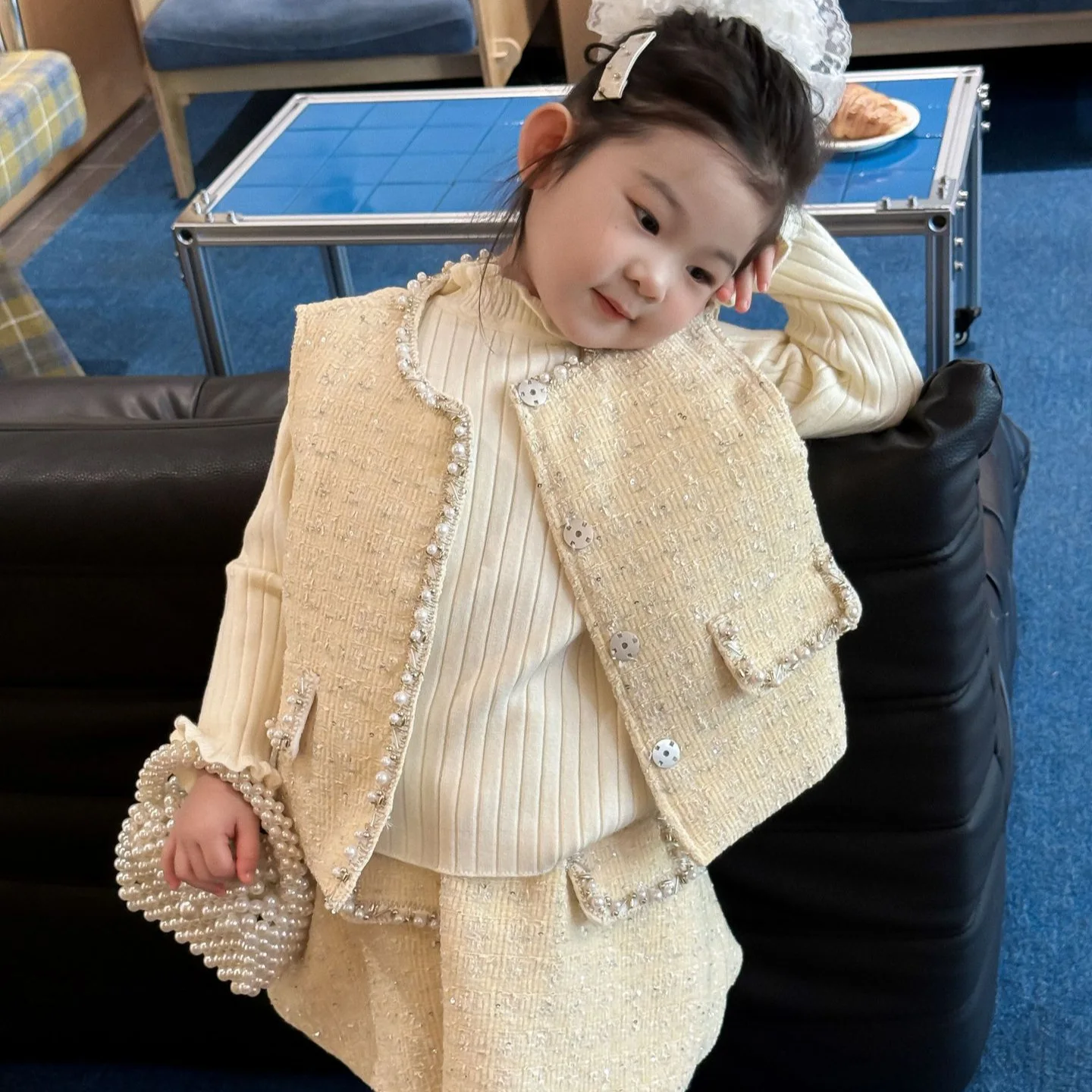 2025 Winter New Children's Clothing Korean Children's Clothing Girls' Temperament Padded Cotton Set Purely Handmade Beads