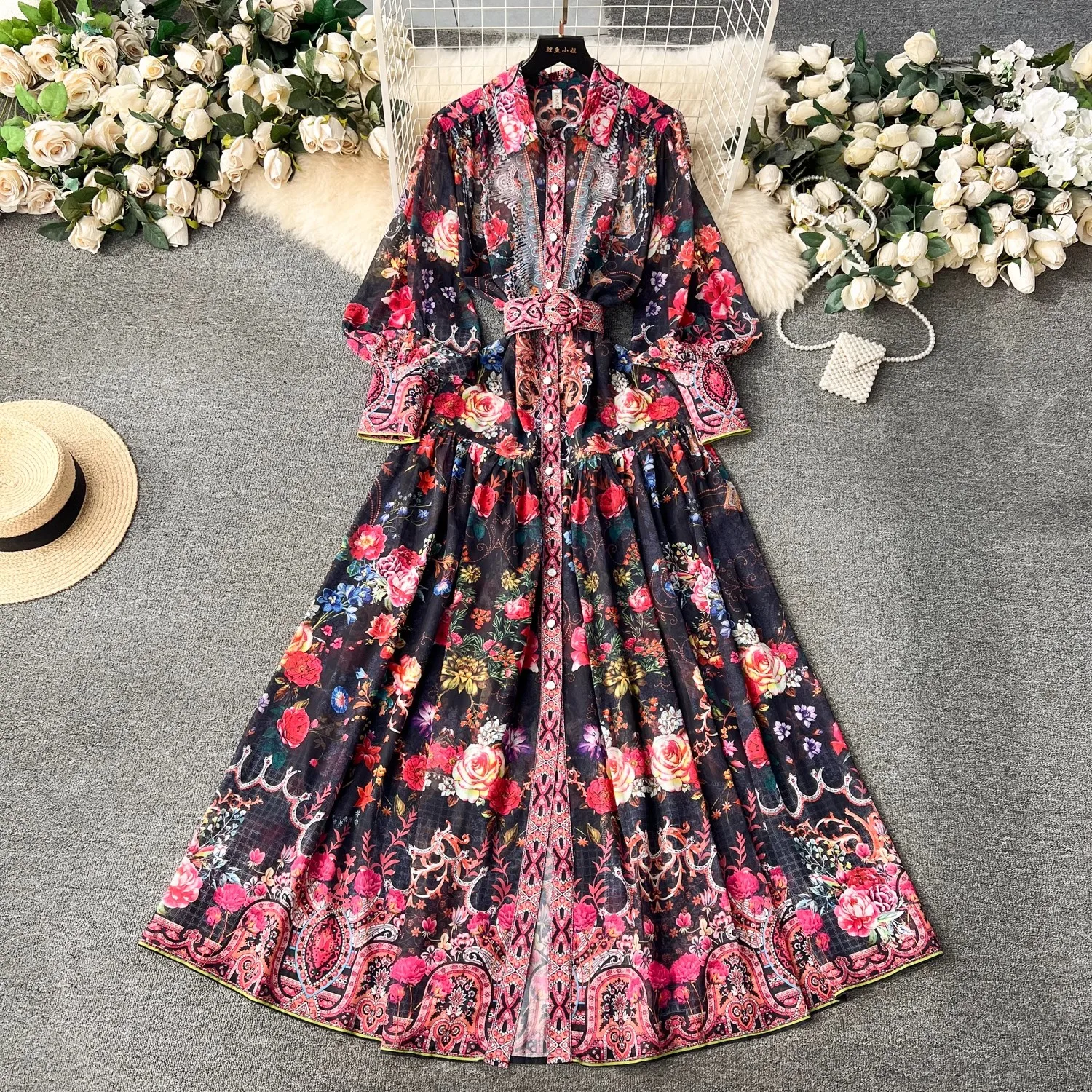 Neue Frühling Sommer Blumen druck Chiffon Boho lose lässige Frauen einreihige Laterne Ärmel Gürtel Mode Urlaub Kleider