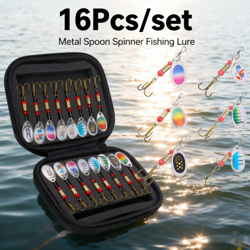 16-teiliger Metall-Löffelköder mit scharfen Drillingen, 3 g, künstlicher Köder, rotierendes Löffel-Set für Barsch, Hecht, Forelle, Süßwasser/Salzwasser
