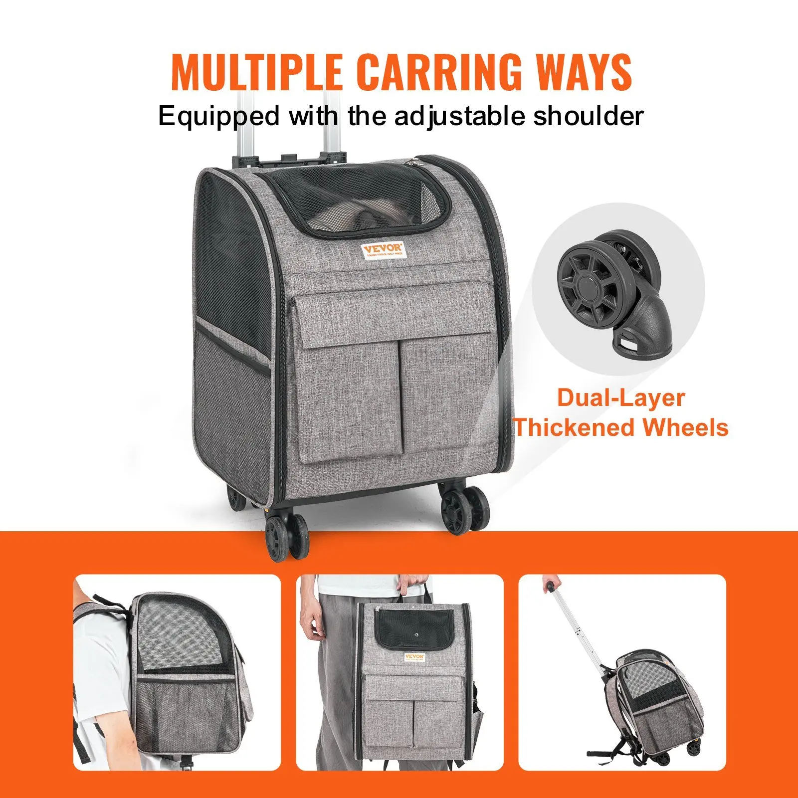 VEVOR Cat Carrier with Wheels Grey Rolling Pet Carrier with Telescopic Handle and Shoulder Strap with 1 Folding Bowl