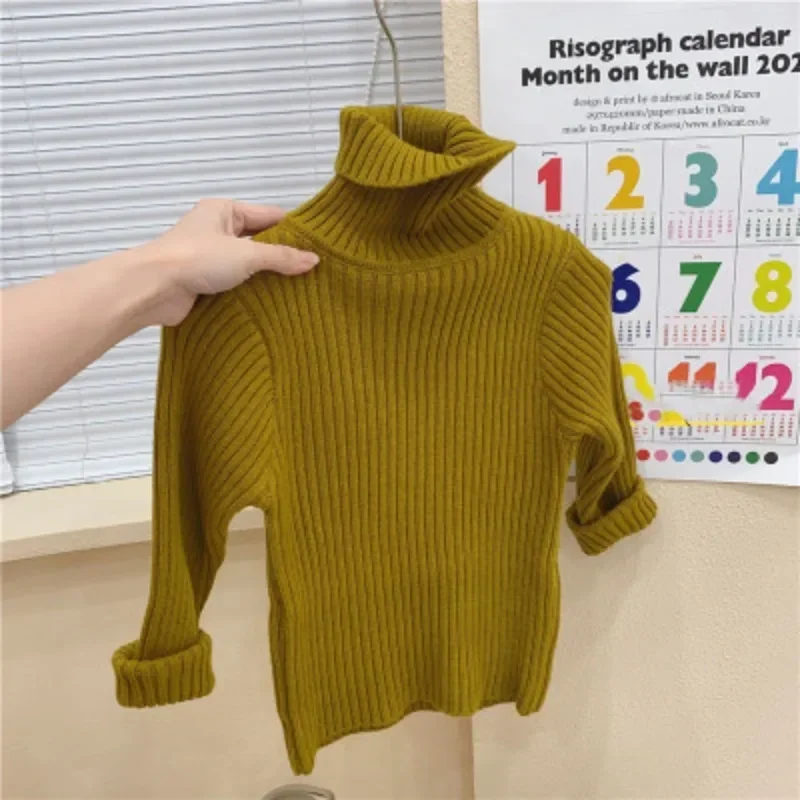 Kids Sweaters Solid Boys Pullover Turtleneck Knitwear Autumn Winter Boys Girls Strip Clothes Baby Turtleneck Stretch Sweater Top