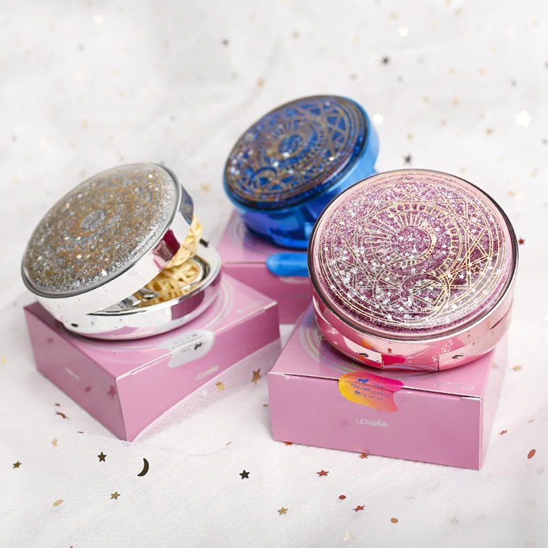 حاوية عدسات محارة على شكل نجمة رملية متدفقة مع مرآة عدسات لاصقة محمولة للنساء صندوق تخزين العدسات اللاصقة مجموعة السفر