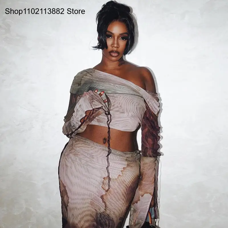 Street Summer Women Set Tie Dye Printed Full Sleeve Sexy Slash Neck Drawstrin Long Skirts Suits Two 2 Piece Sets