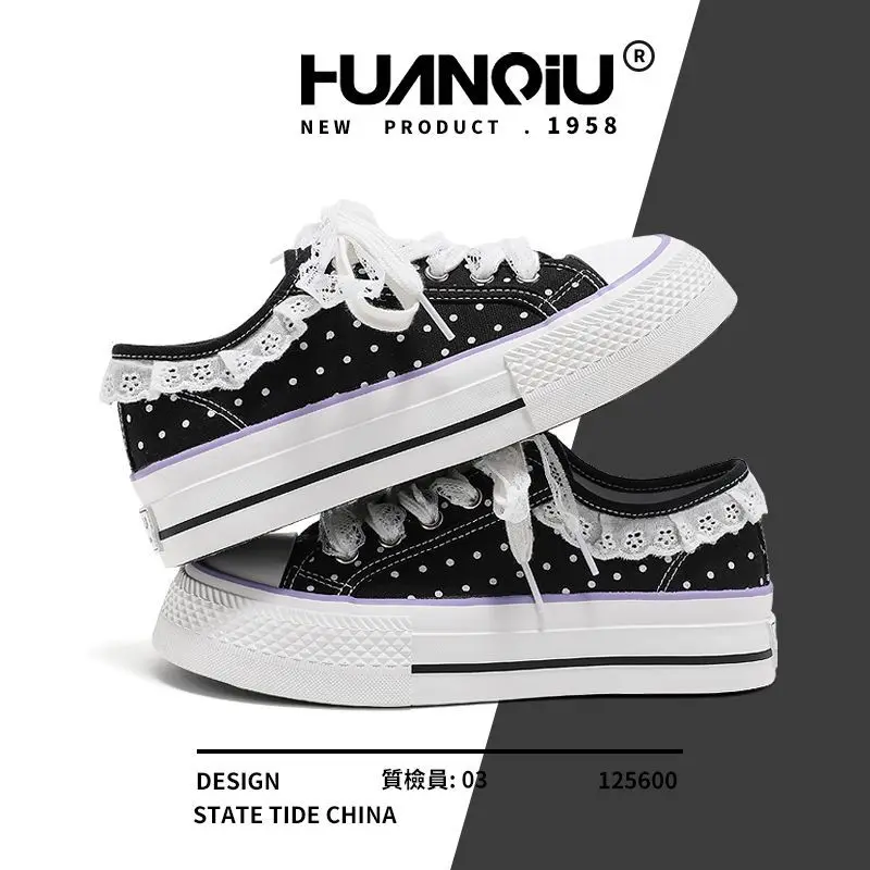 Autumn Lace Trim Thick-soled Canvas Shoes for Women Korean Preppy Style Polka Dot All Match Sweet Girl Platform Shoes