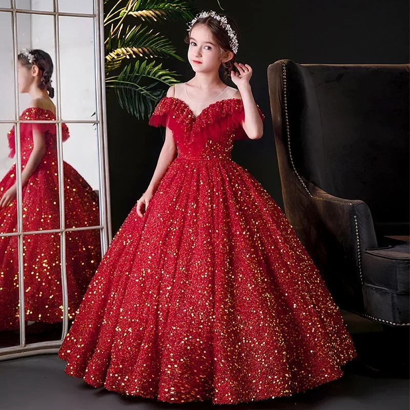 Teen Girls Very Elegant Sequin Dress Little Girls Puffy Long Prom Ball Gown Model Show Banquet Pageant Dresses Sexy Shiny Dress