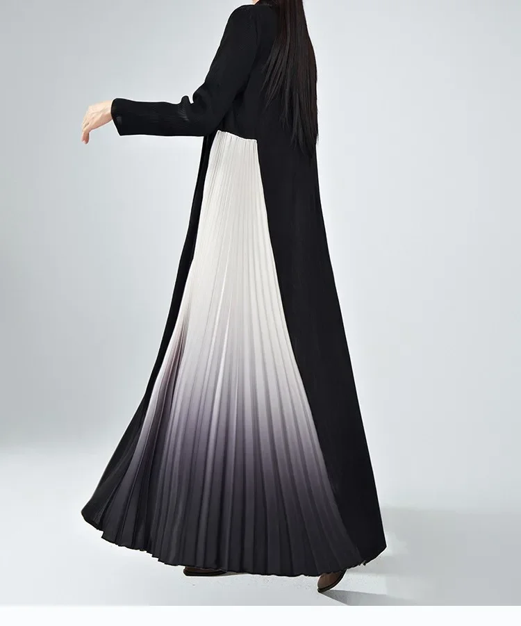 Luxurious Miyake-Inspired Pleated French-Style Maxi Coat V-Neck Elegant Waist-Cinching Gradient Hues Timeless Oriental Glamour