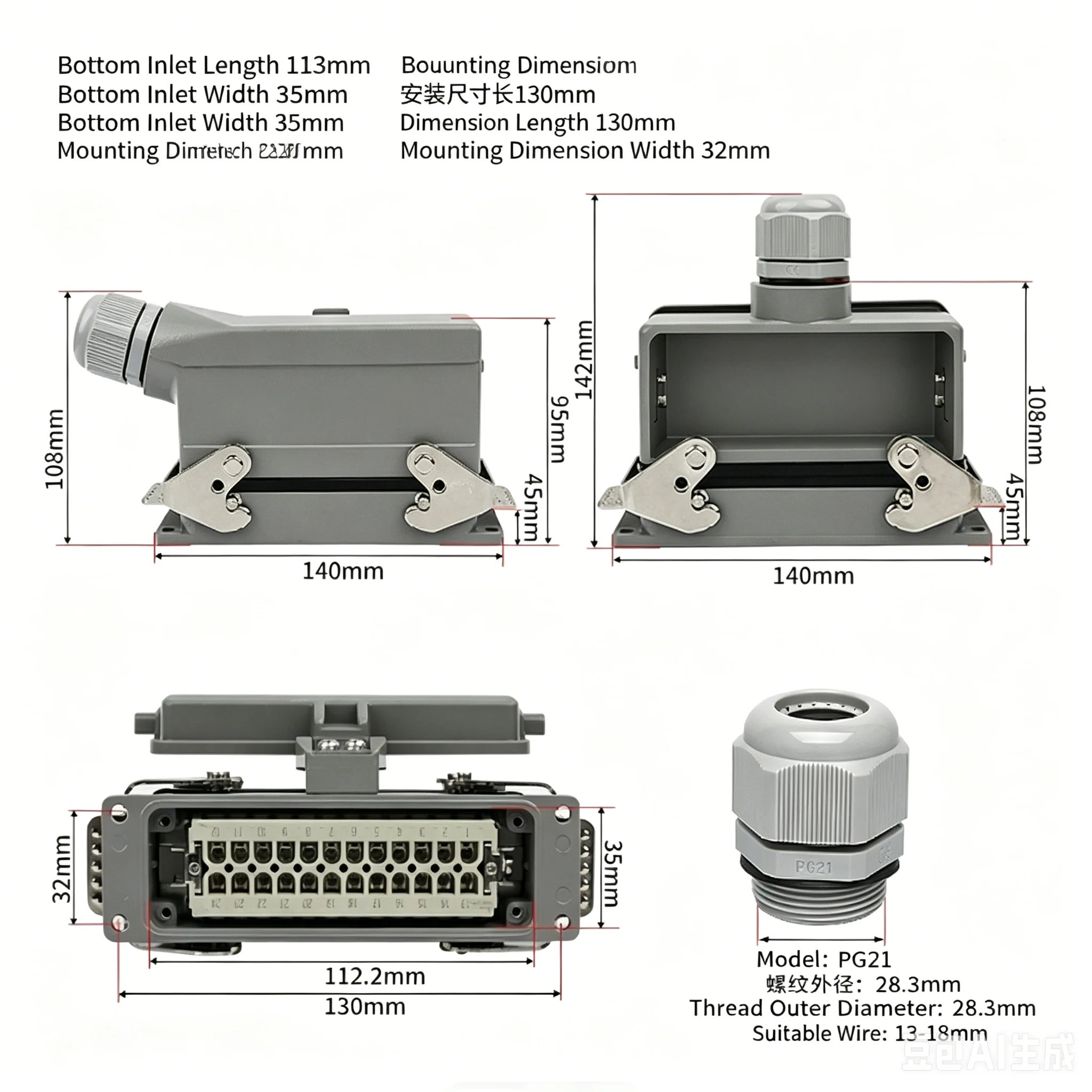 

HDC-HE-024M HDC-HE-024M Heavy-duty Connector 24 Cores 16A Side Top High Base with Cover HE-024-5 Industrial Aviation Plug