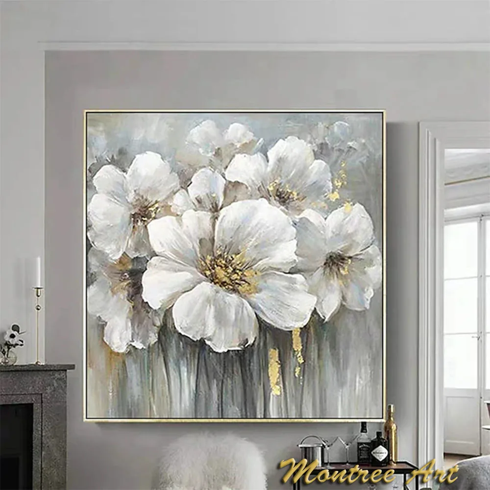 

Blooming White Flower Painting White Gold Acrylic Art on Canvas Large Hand Painted Vertical Wall Art Thick Texture Floral Decor