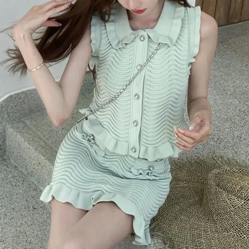 2024 High-End Feeling Summer Slims Smooths Your Silhouette Mint Green Knit Top Half Dress Suit Summer PLP Collar Sweet Cute Fres