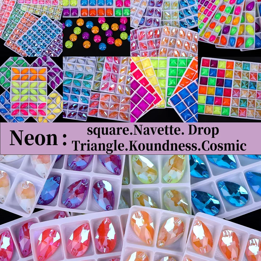 Neon Fluorescent Sew on Rhinestone Double Hole Multi Shape Sewing Diamond Flatback DIY Clothing Fashion Decoration Accessories