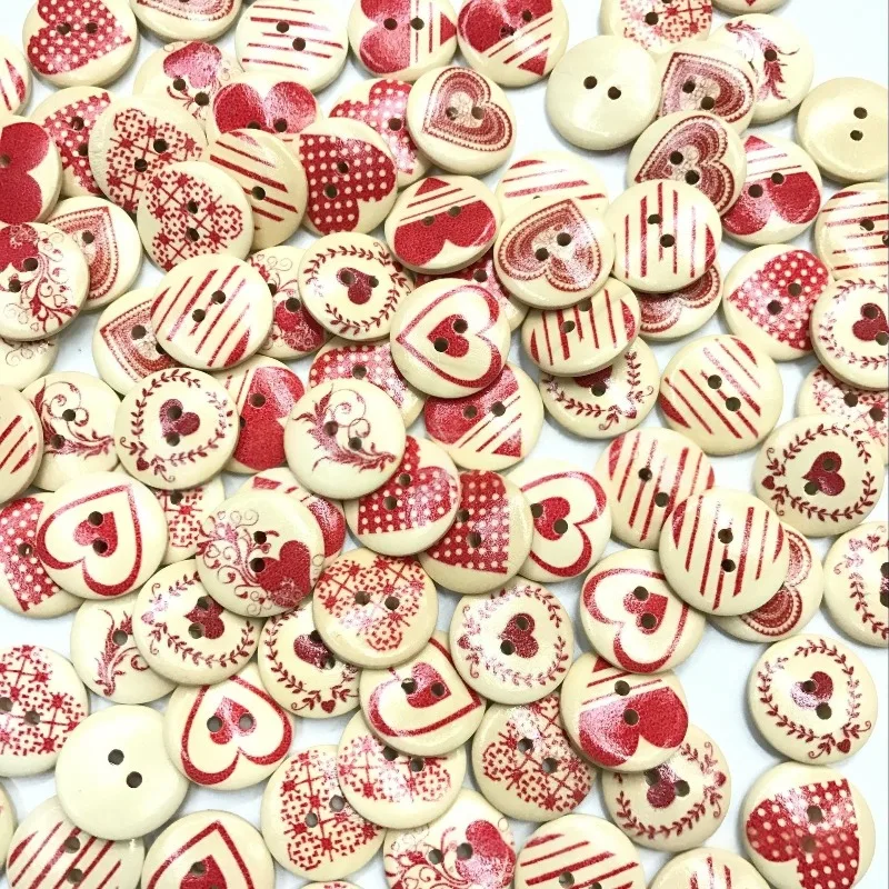 100Pcs 15mm Natural Flat Round Printed Wood Buttons 2-Hole Flat Round with Heart Decorative Wooden Buttonsfor DIY Sewing - view 5