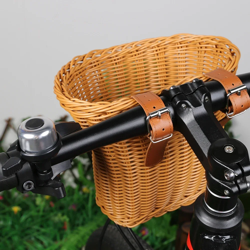 Bike Basket Rattan Wicker Bicycle Storage Front Handlebar Basket Hand-Woven Sticker Bicycle Pouch Riding Storage Pannier Basket