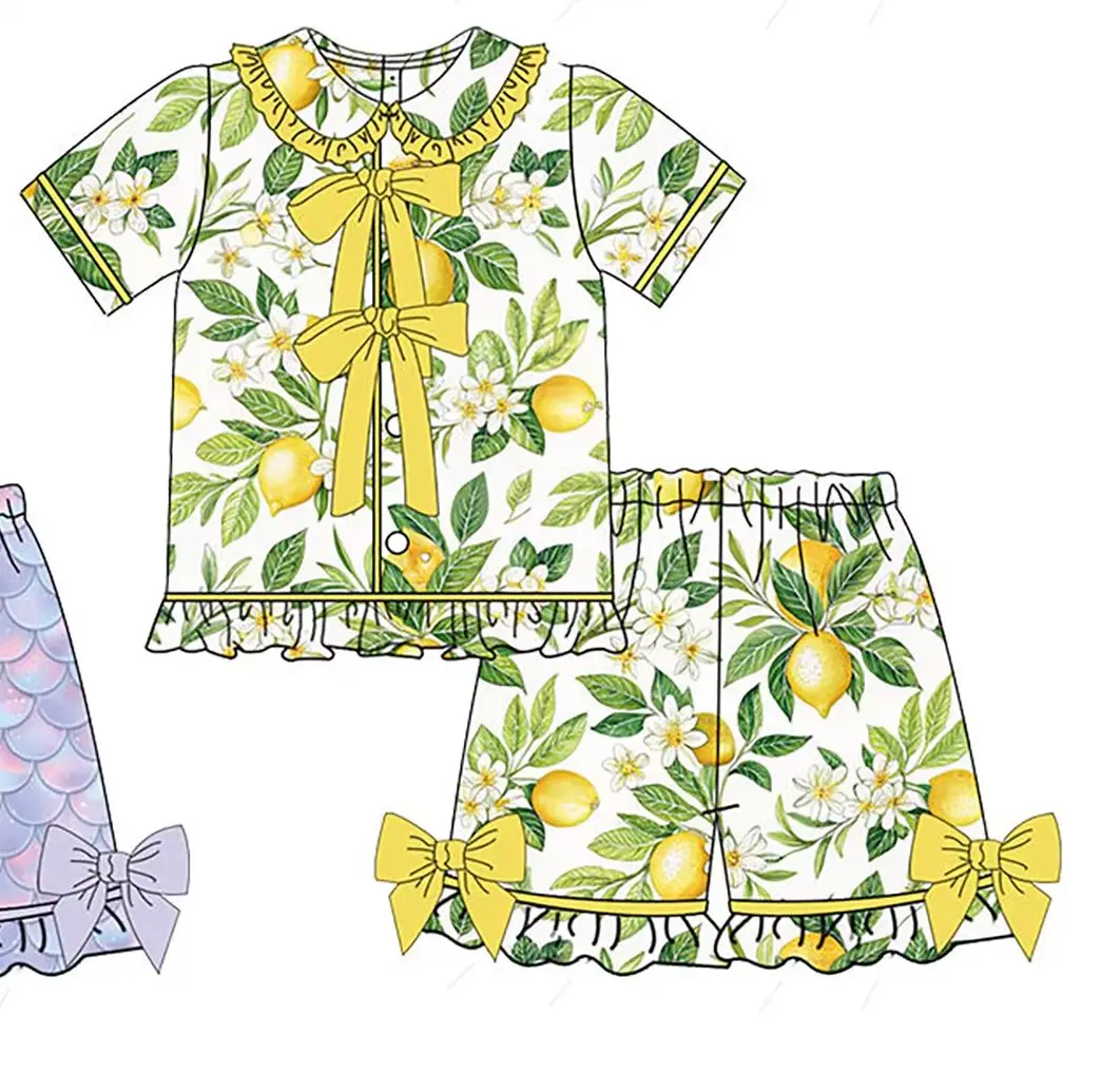Summer Toddler Girl Floral & Mermaid Print 2-Piece Set Bow Accent Ruffle Trim Kids Pajama Outfits