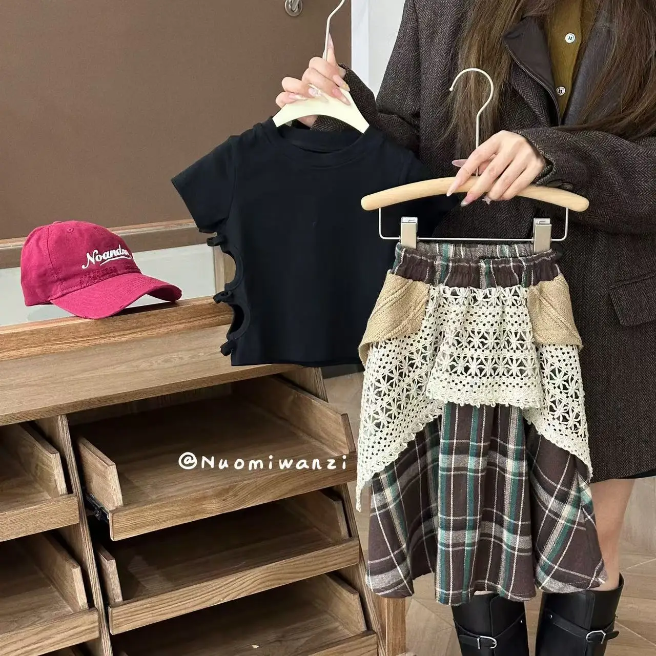 

Children Set 2025 Summer New Korean Versatile Fashionable Vocation Style T-shirt Plaid Patchwork Skirt Two Piece Set