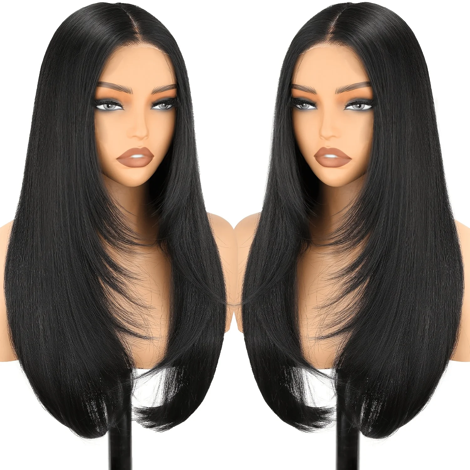 Black glue-free wig to wear at any time, straight hair lace front hair piece pre-cut glue-free synthetic layered wig 22 inches