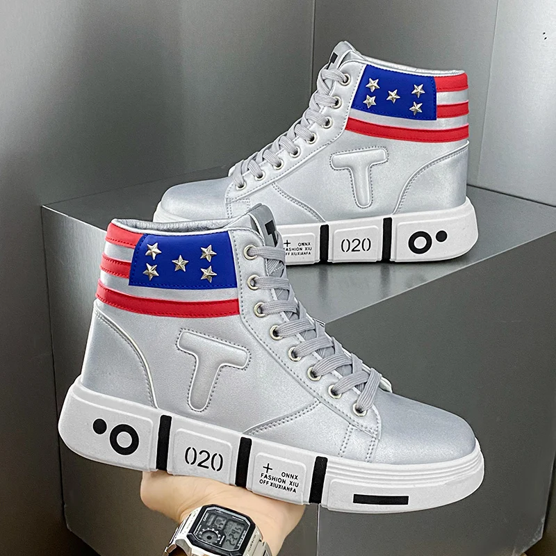 

Fashion Silver Men's Bright Shoes Comfortable Leather Skateboard Shoes For Men Platform High-Top Sneakers Man zapatillas hombre