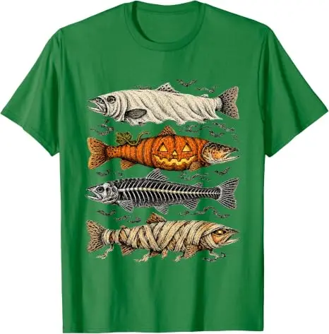 Halloween-Forellen-Fisch-Geister-Kürbis-Skelett-Mumien-T-Shirt Gruseliges Angeln Halloween-Kostüm Y2k Horror-Fischerkleidung – Detail 9