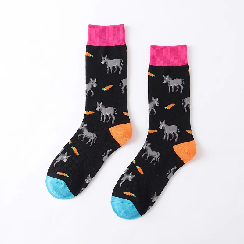 1 Pair of Unisex Socks with Black Base, Gray Donkey, Orange Carrot Cartoon Print, Rose Red Ribbed Cuff, Orange Sock Heel, Light Blue Sock Toe, Mid-Calf Length, Sweat-Absorbent and Breathable, Quirky and Trendy Socks, Suitable for Daily Wear, Couple Mid-Calf Socks