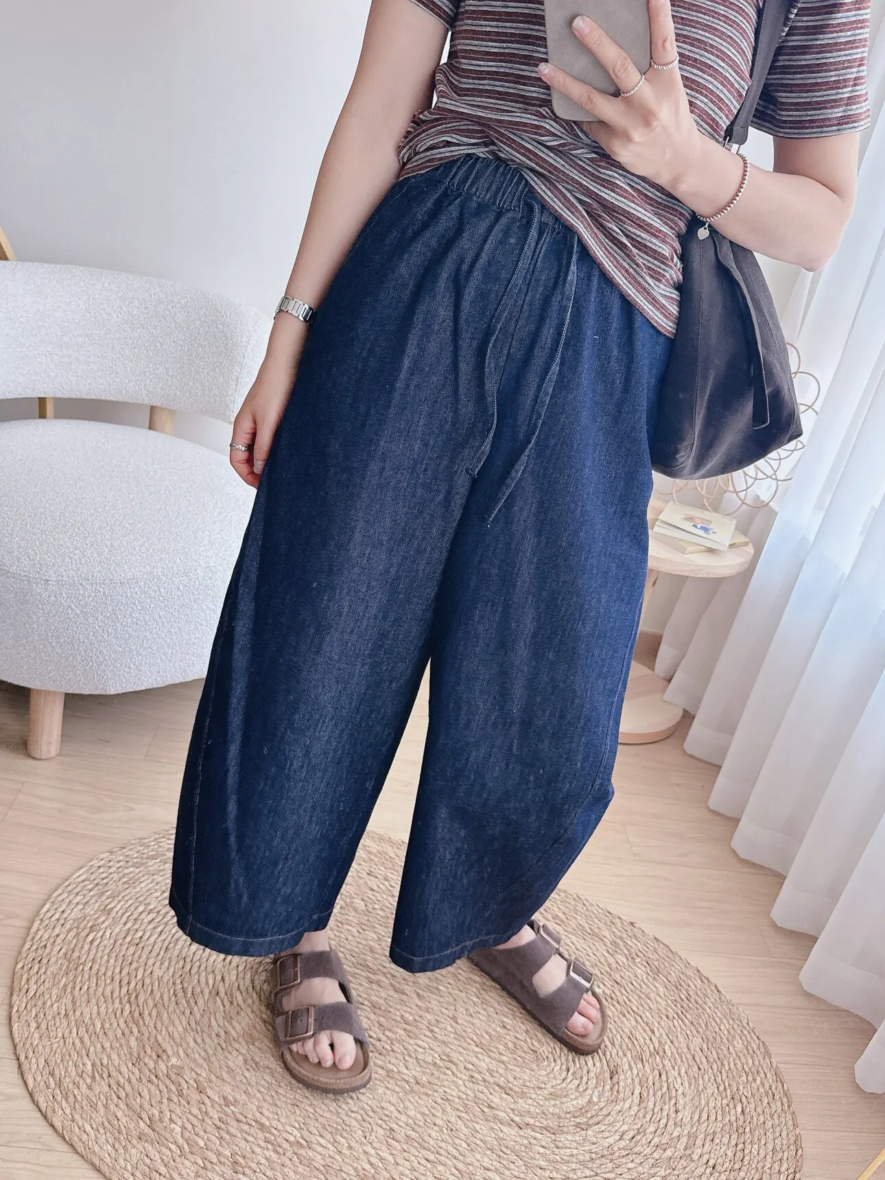 

Джинсы с высокой талией, однотонные, нелиняющие, укороченные, в стиле «Пингвин», объемные, повседневные, широкие, из смесового хлопка