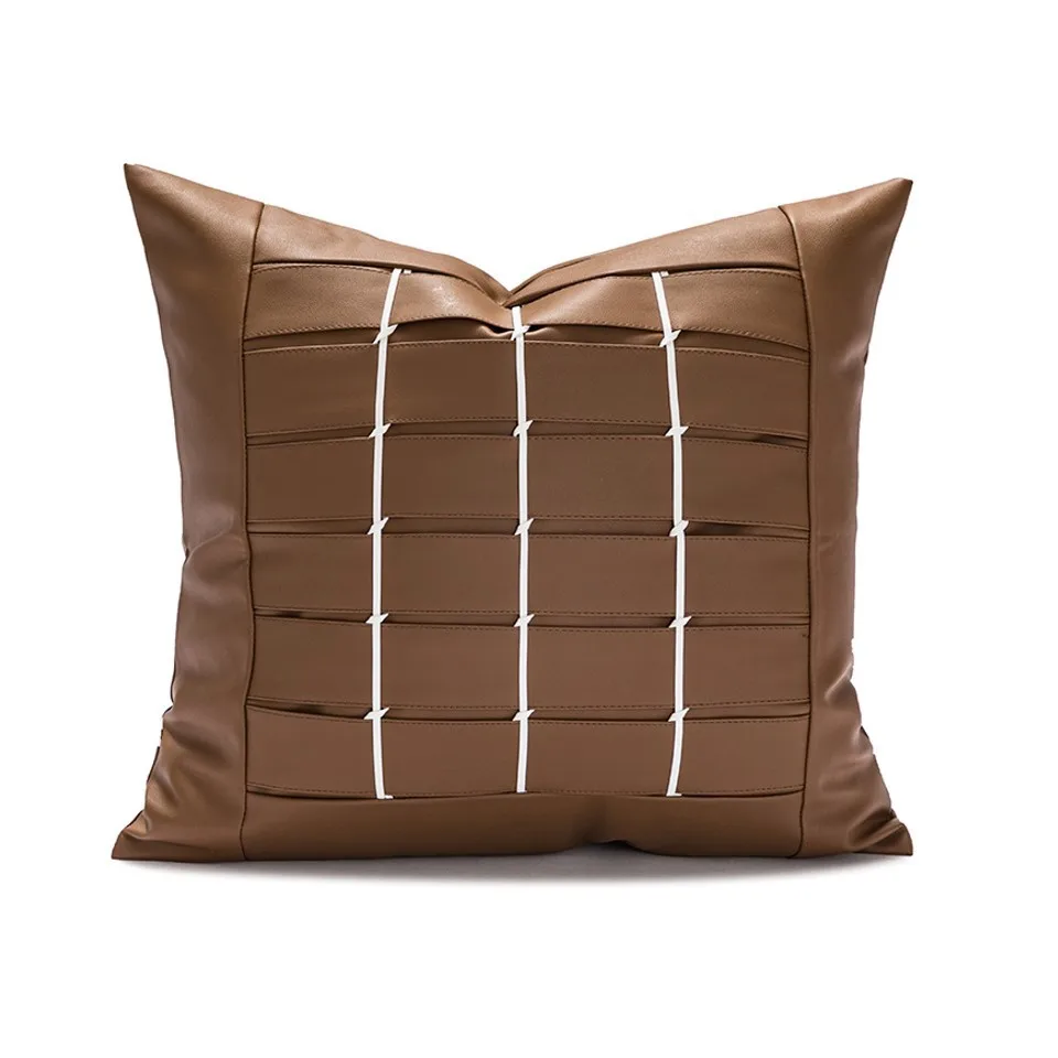 45X45cmThrow Cushion Cover PU Leather Embroidery Splicing Light Luxury American Brown Coffee Comfortable Pillow Case Cover