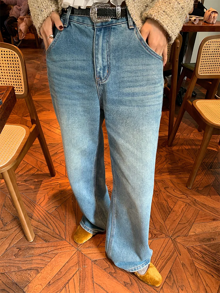 

Women's High Waist Fleece Lined Denim Jeans Autumn Winter Wide Leg Pants Versatile Small Size Friendly Long Zipper Closure