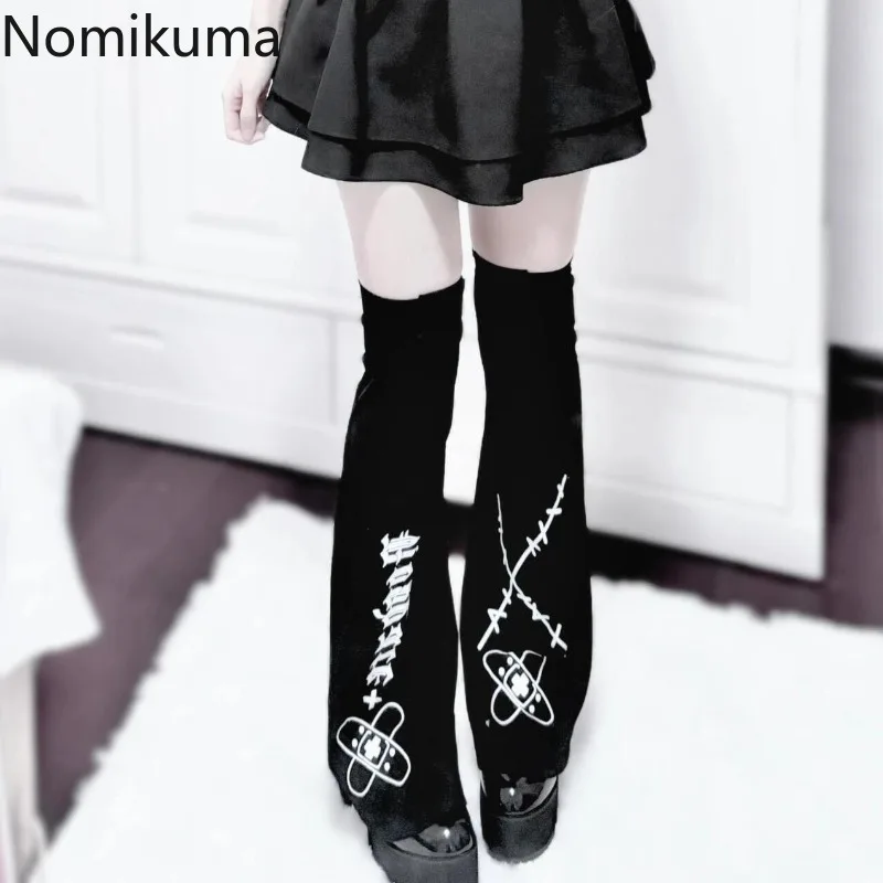 Harajuku Gothic Letter Print Black Leg Warmer Socks for Women Y2k Punk Streetwear Punk Buckle Chic Leg Cover Japanese Legwarmers