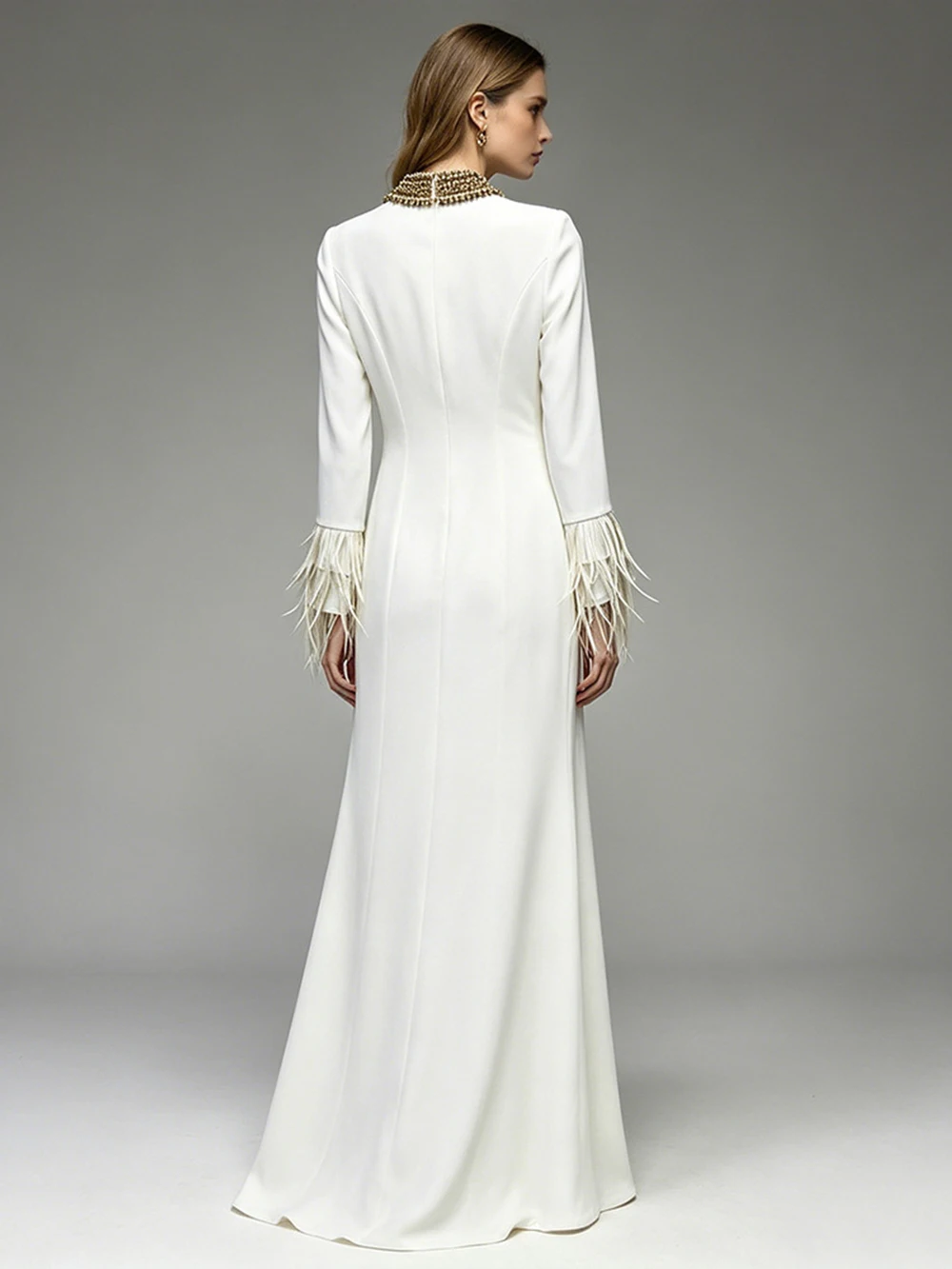 Modphy Beaded Feather Formal Evening Dress Apricot Long Sleeves Slim fit Women's Gowns Elegant Wedding Party Dress