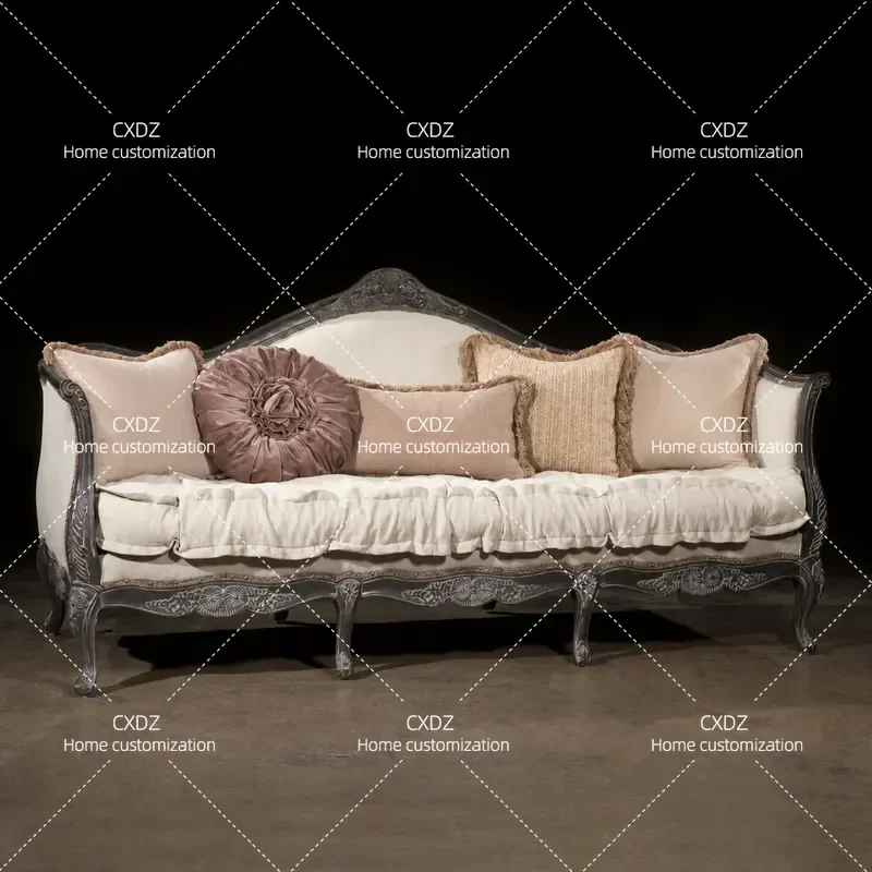Retro Carved Solid Oak Wood Sofa Light Luxury Living Room Furniture Vintage Three Seater Couch Customizable Home Decor